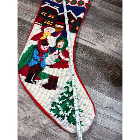 Needlepoint Christmas Stocking • “PEACE” • Carolers Scene • Large 20” • Red Back - Picture 4 of 5